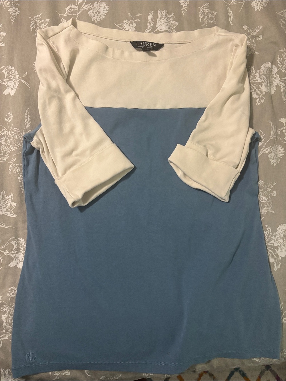 Lauren Ralph Lauren Cream and Blue Two-Tone Boatneck Top